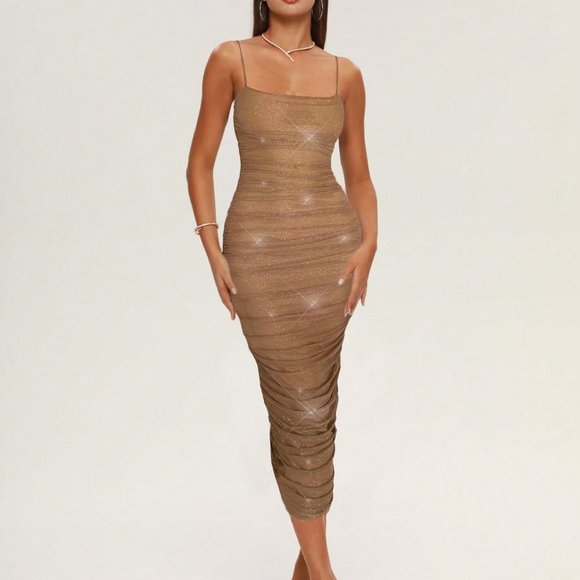 Brown Preppy Womens Folds Women Dress Birthday Party Sleeveless Mesh Long Dresse - Picture 4 of 5